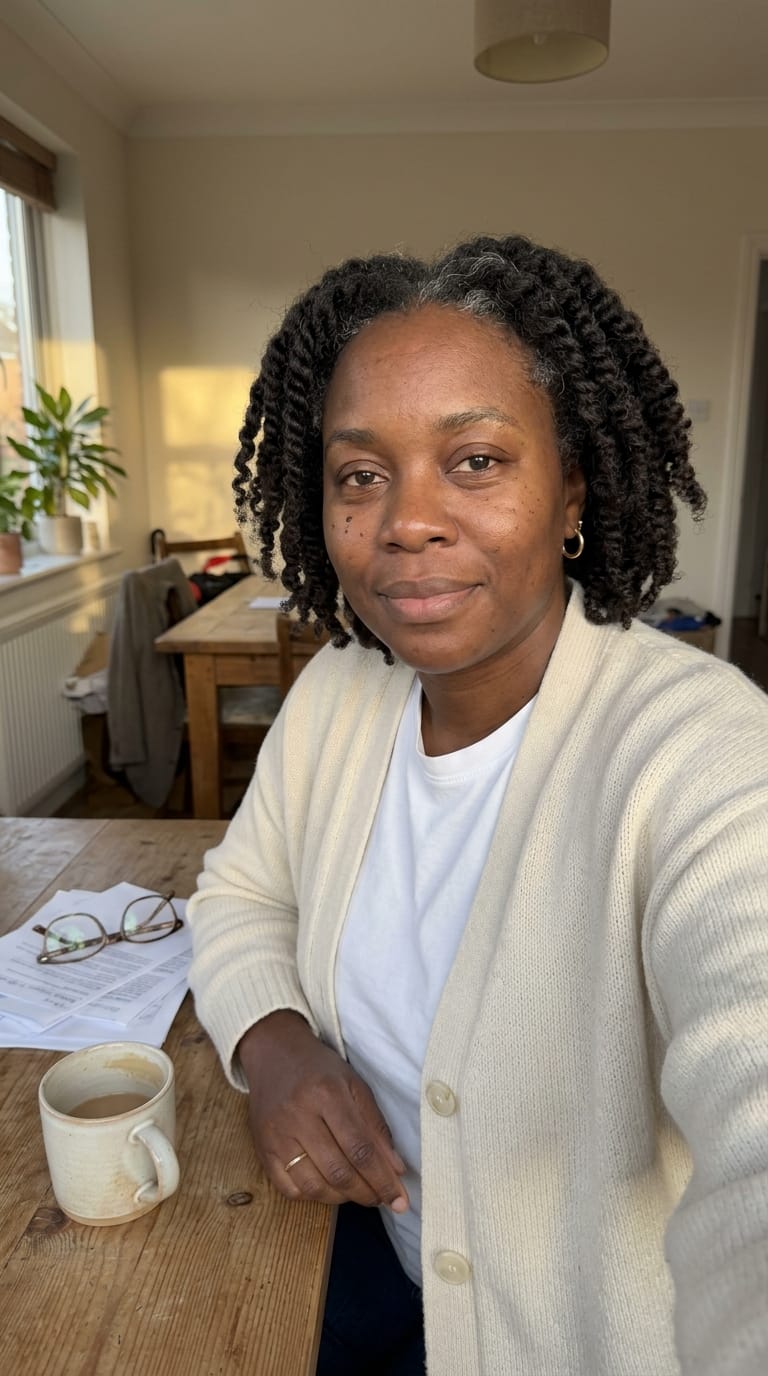 Alison, the 44-year-old woman behind Body After Forty, sitting at her kitchen table with a cup of coffee, smiling softly at the camera